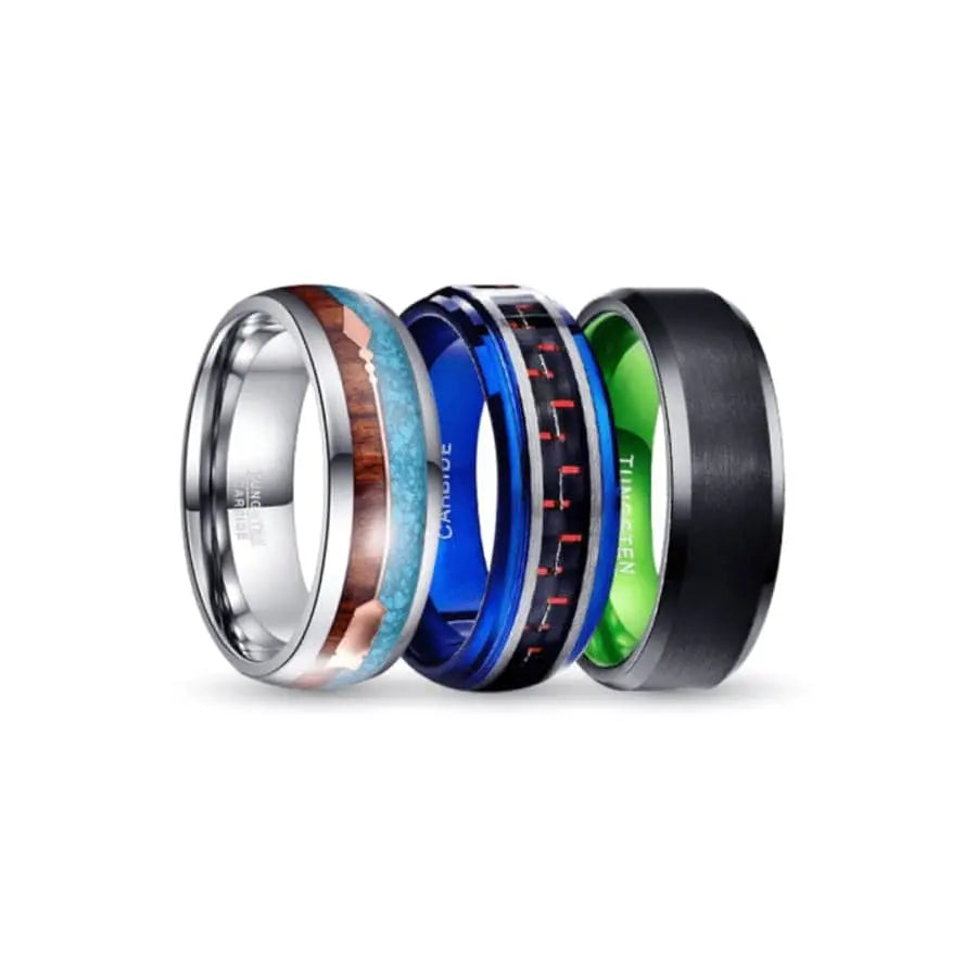 Wood, Turquoise, Blue, Red, Black and Green Tungsten Carbide Rings