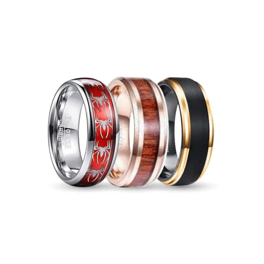 Red, Wood, Rose Gold, Black and Gold Tungsten Carbide Rings