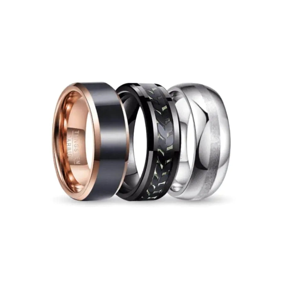 Black, Rose Gold, and Silver Tungsten Carbide Rings