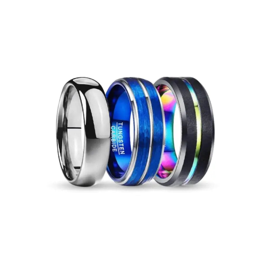 Silver, Blue, Black and Rainbow Tungsten Carbide Rings