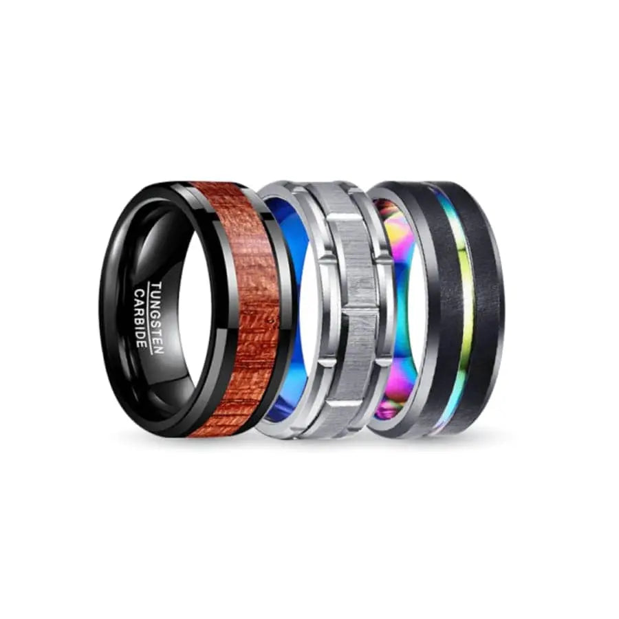 Wood, Black, Silver Blue and Rainbow Tungsten Carbide Rings