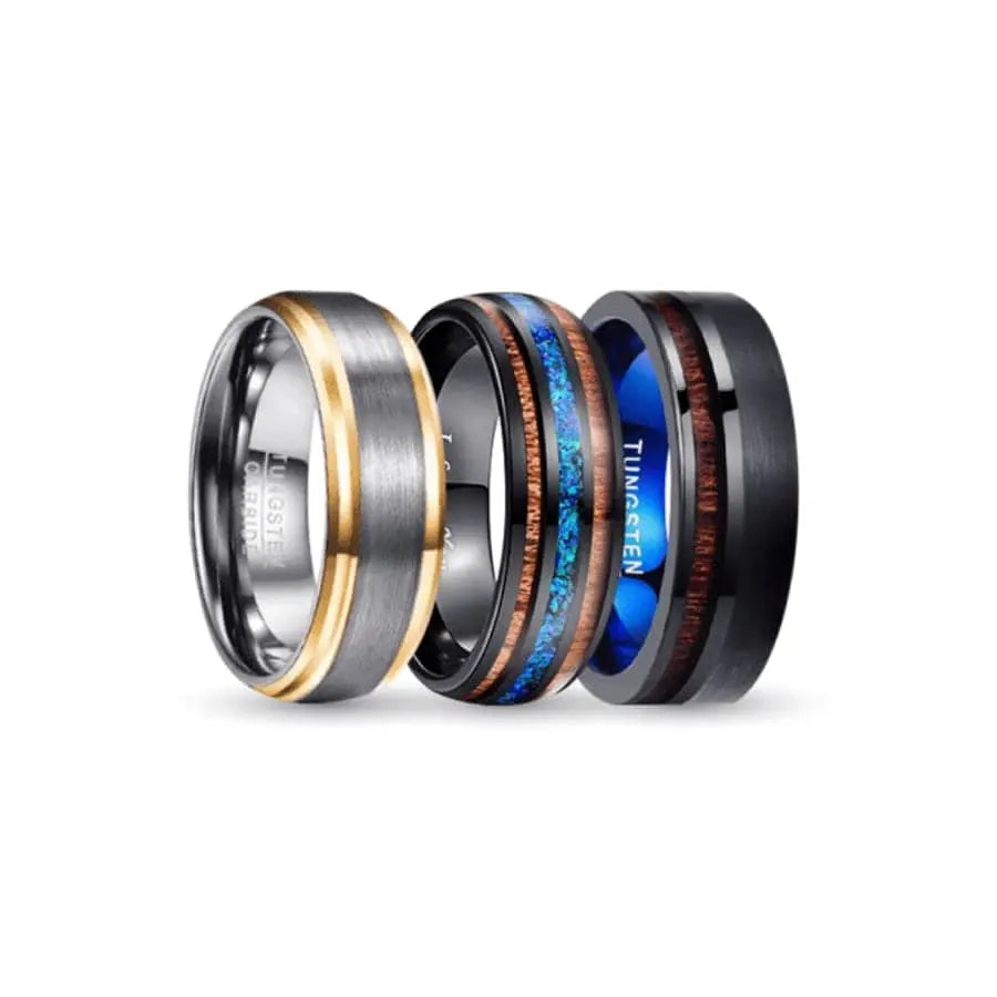 Silver, Gold, Wood and black Tungsten Carbide Rings