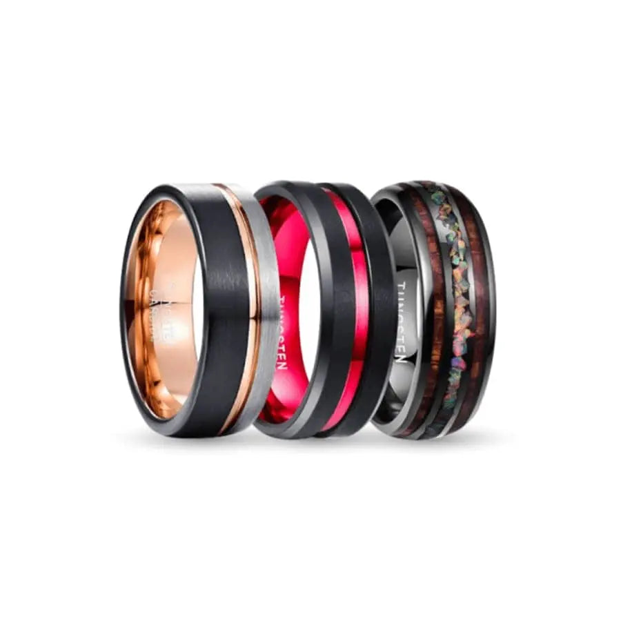 Black, Silver, Red and Wood Tungsten Carbide Rings