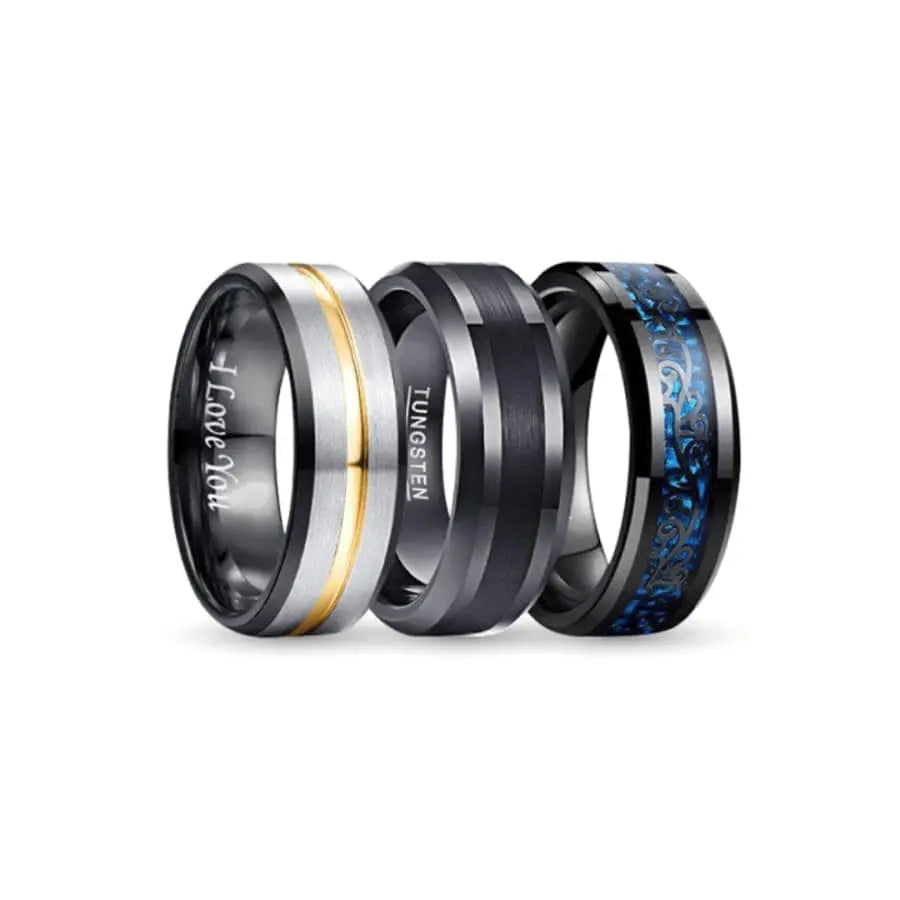Silver, Gold, Black and Blue Tungsten Carbide Rings