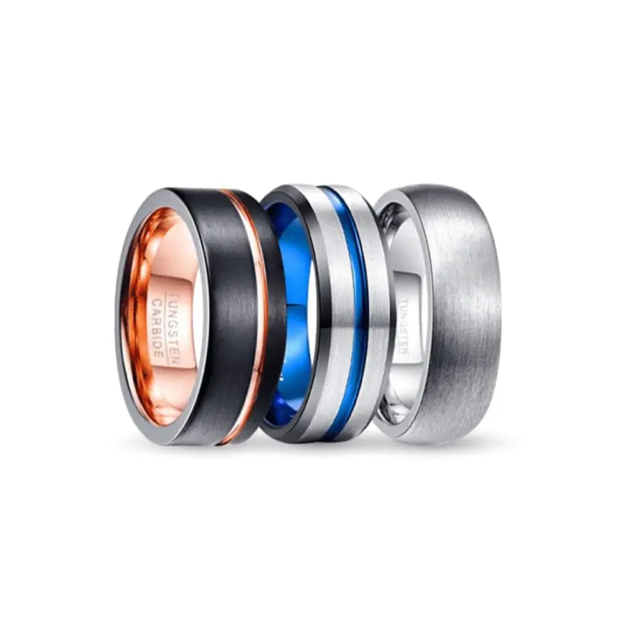 Black, Rose Gold, Blue and Silver Tungsten Carbide Rings