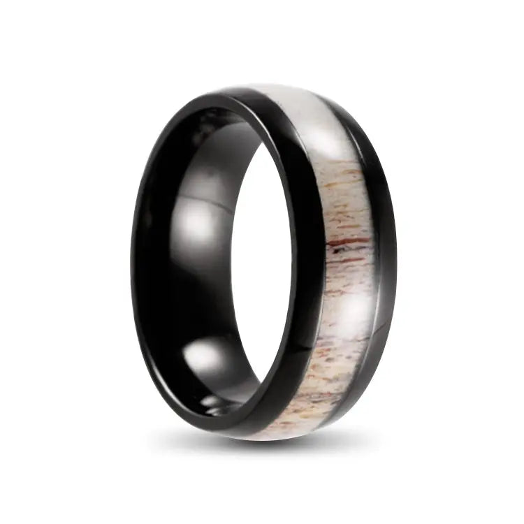 Polished Rounded Black Titanium Ring With White Antler Inlay on Outer