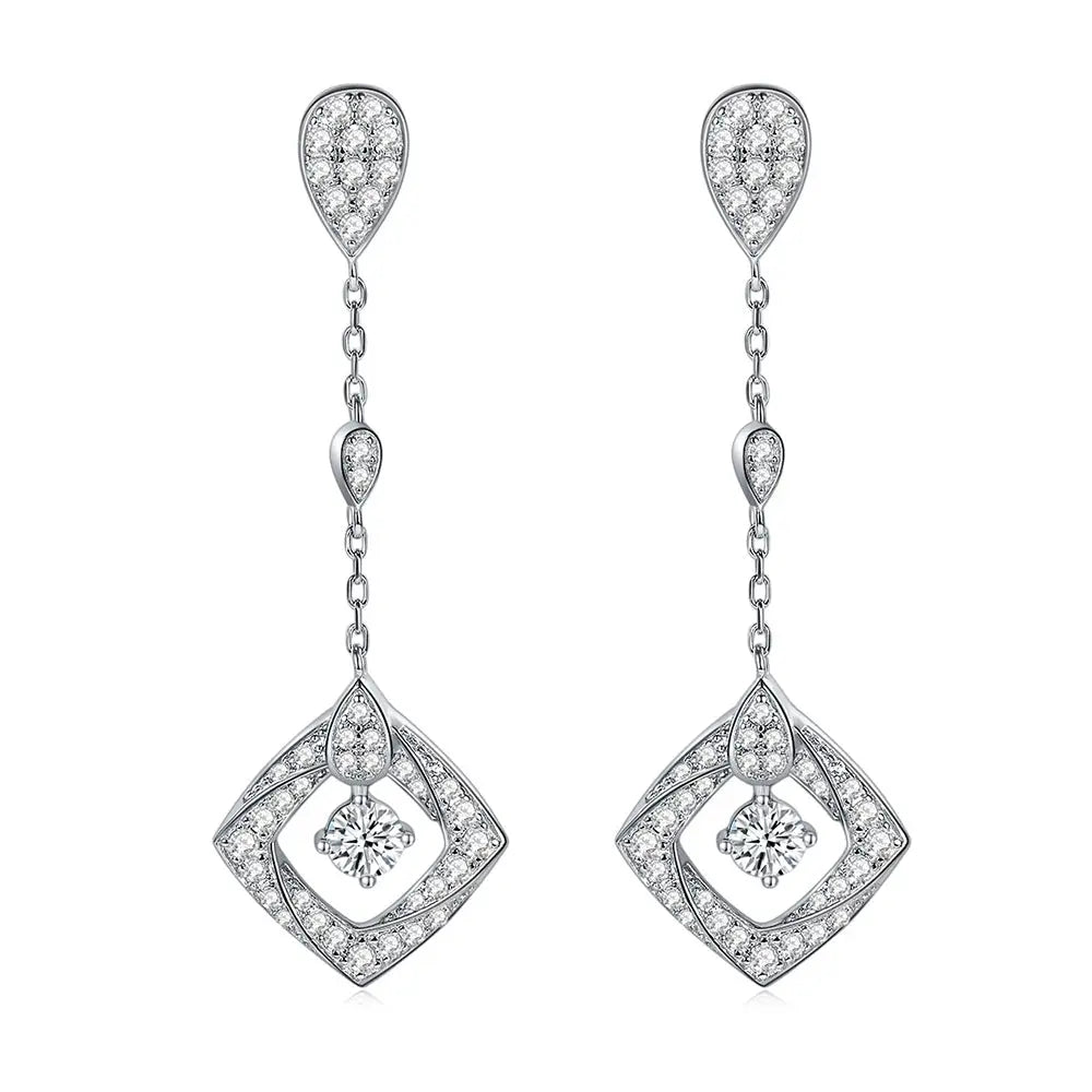 Elegant Sterling Silver Dangle Earrings With D Color Moissanite stones set in Round center stone enclosed by outer Square design