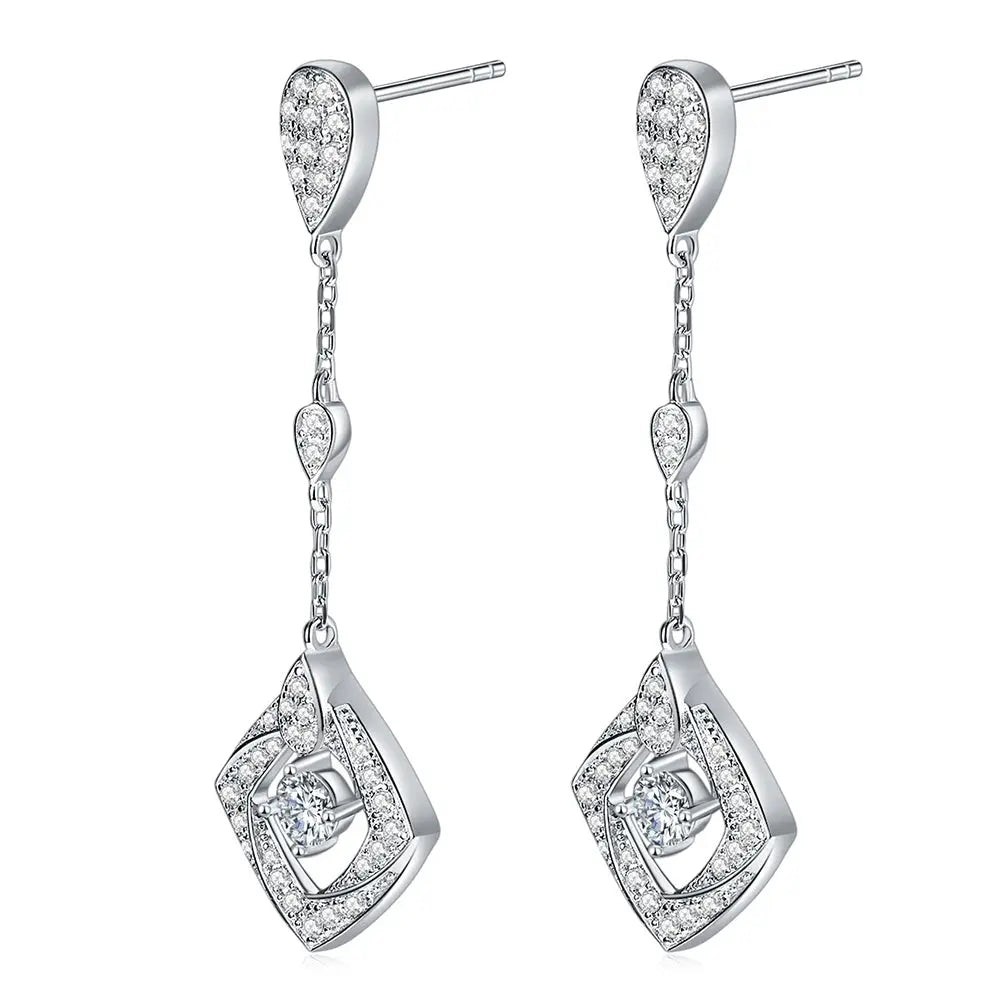 Elegant Sterling Silver Dangle Earrings With D Color Moissanite stones set in Round center stone enclosed by outer Square design