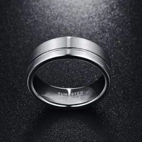 8mm Brushed Silver Tungsten Wedding Ring with Polished Silver Groove and Inner