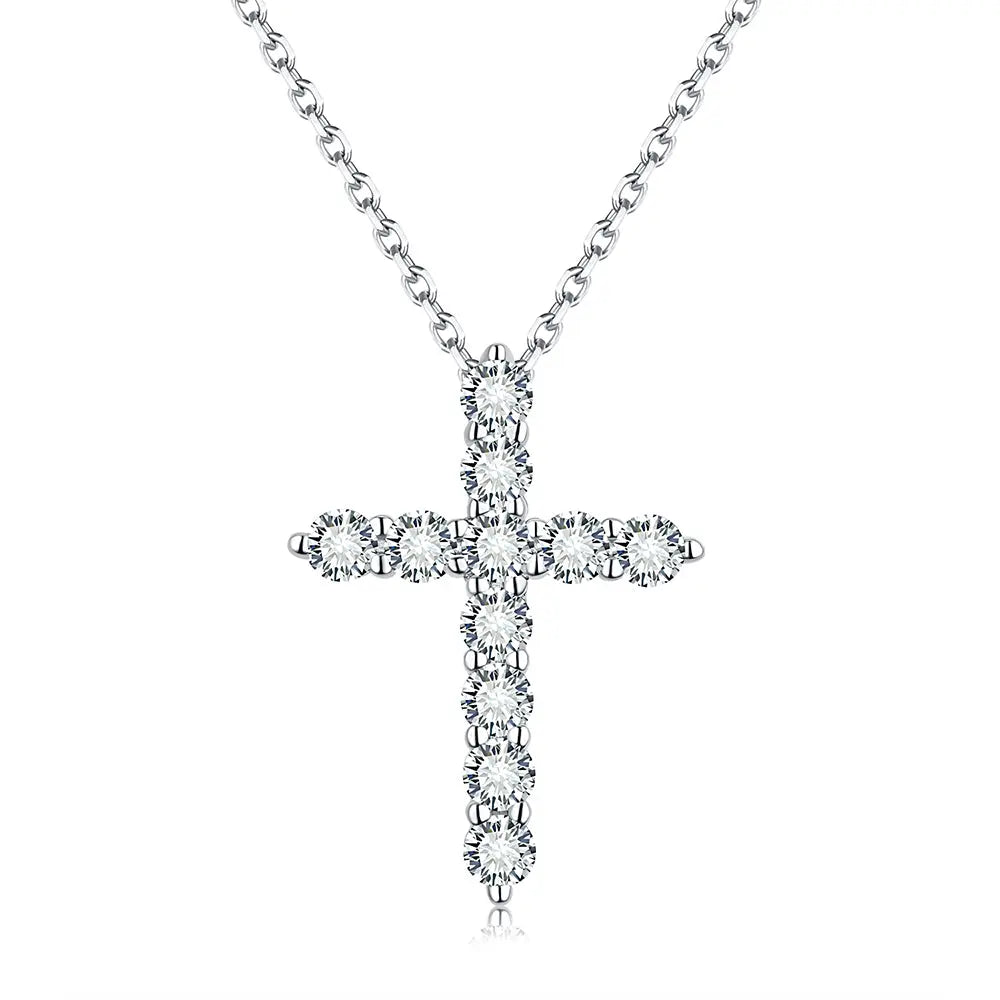 Sterling Silver Necklace With Cross Shape and Filled With Moissanite Stones