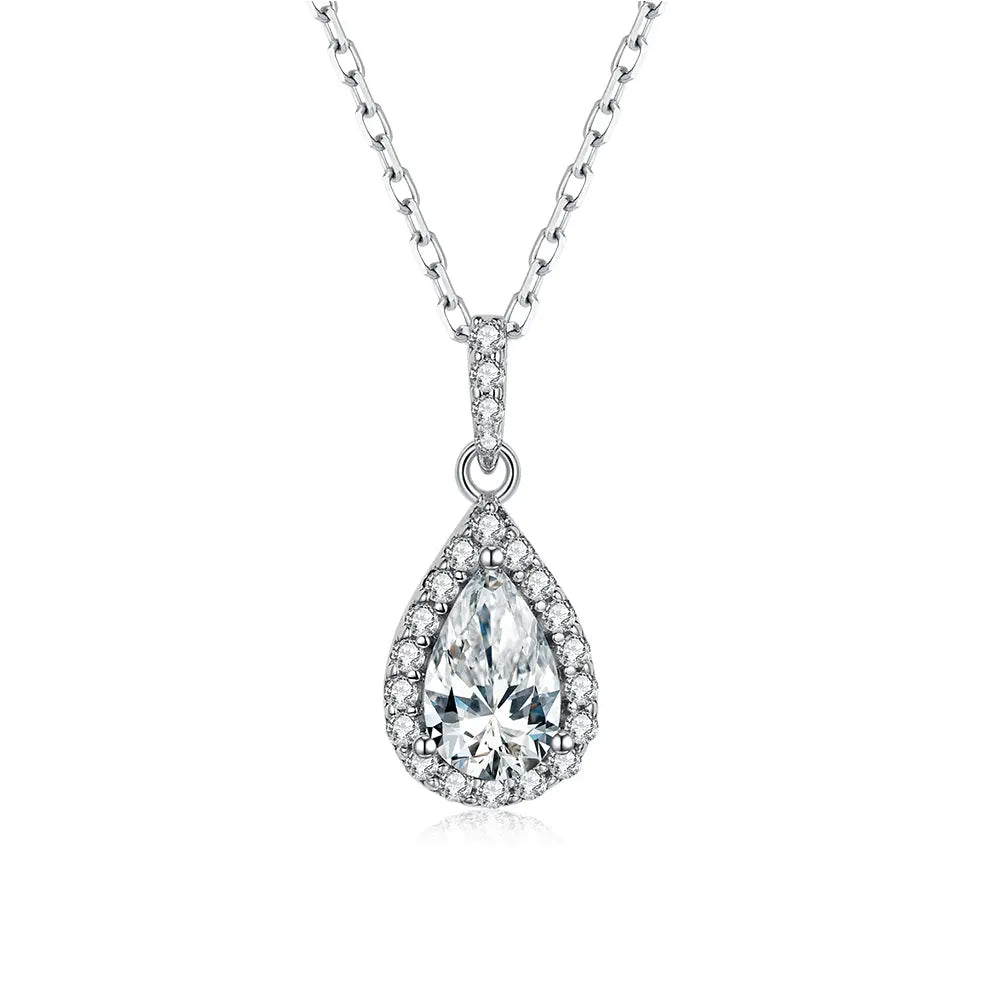 Sterling silver Necklace With Pear Cut Moissanite Stone Set in Halo with Zirconia Stones