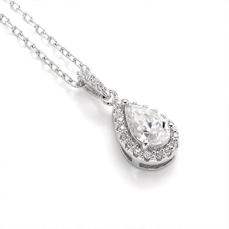 Sterling Silver Necklace With Pear Cut Moissanite Stone Set in Halo With Zirconia Stones