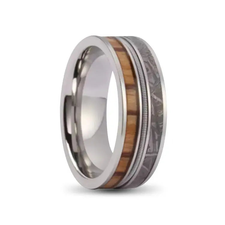 Silver Stainless Steel Ring With Guitar String, Zebra Wood and Meteorite Inlays