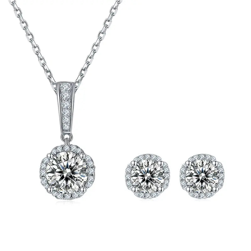 Sterling Silver Jewellery Set With F Color Round Cut Moissanite Stones set in Halo With Zirconia Stones