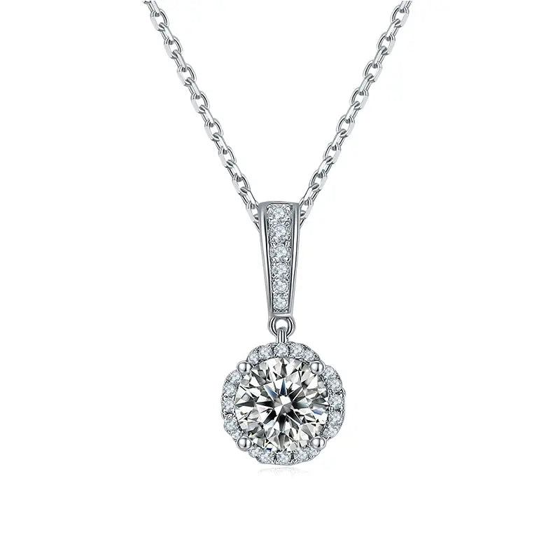 Sterling Silver Necklace With F Color Round Cut Moissanite Stone Set in Halo With Zirconia Stones