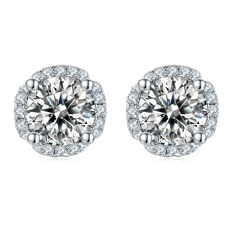 Sterling Silver Earrings With F Color Round Cut Moissanite Stones Set in Halo With Zirconia Stones