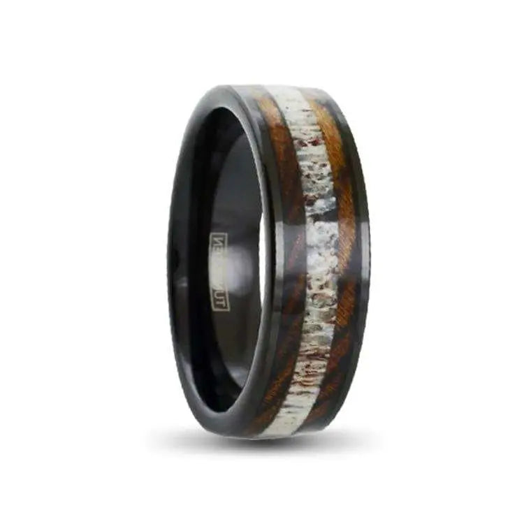 Black Tungsten Ring with Deer Antler Between Tiger Stripe Bocote Wood Inlays