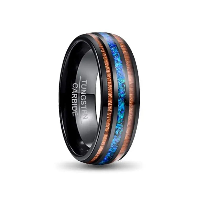 Star Burst Blue, Black and Wood Tungsten Carbide Ring