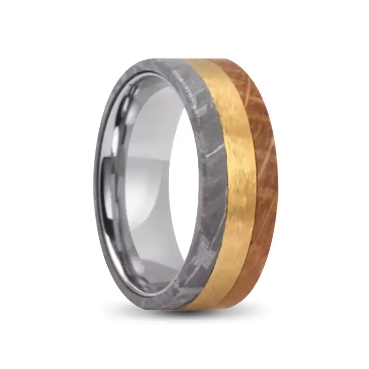 Silver Stainless Steel Ring With Gold, Whiskey Barrel and Meteorite Inlays