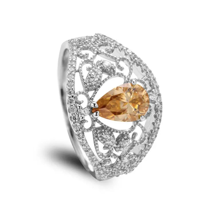 Sterling Silver Ring With Pear Cut Waterdrop Champagne Moissanite and Intricate Design on Band