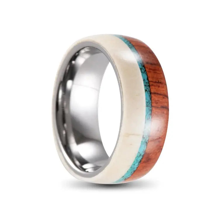 Silver Tungsten Carbide Ring With Wood,Antler and Turquoise Outer