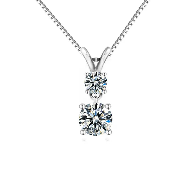 Sterling Silver Necklace With Two Round Cut F Color Moissanite Stones Set in Prongs