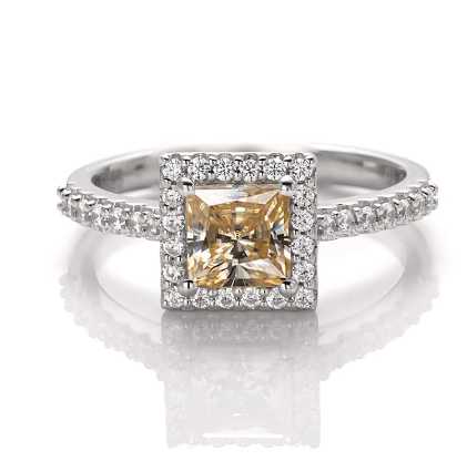 Sterling Silver Ring With Princess Cut Champagne Moissanite and Zirconia Stones on Band\