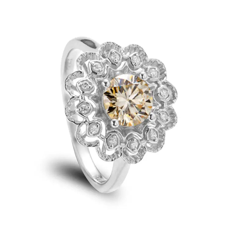 Sterling Silver Ring With Round Champagne Moissanite and Intricate Flower Shaped Band Design