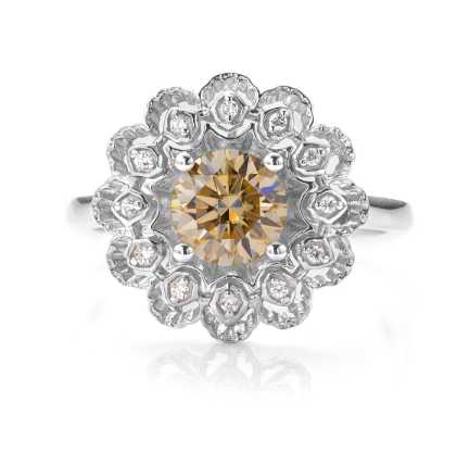 Sterling Silver Ring With Round Champagne Moissanite and Intricate Flower Shaped Band Design