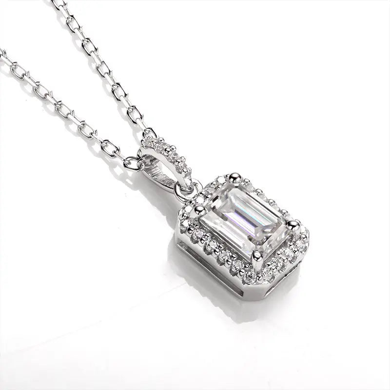 Sterling Silver Necklace With Emerald Cut Moissanite Stone Set in Halo With Zirconia Stones