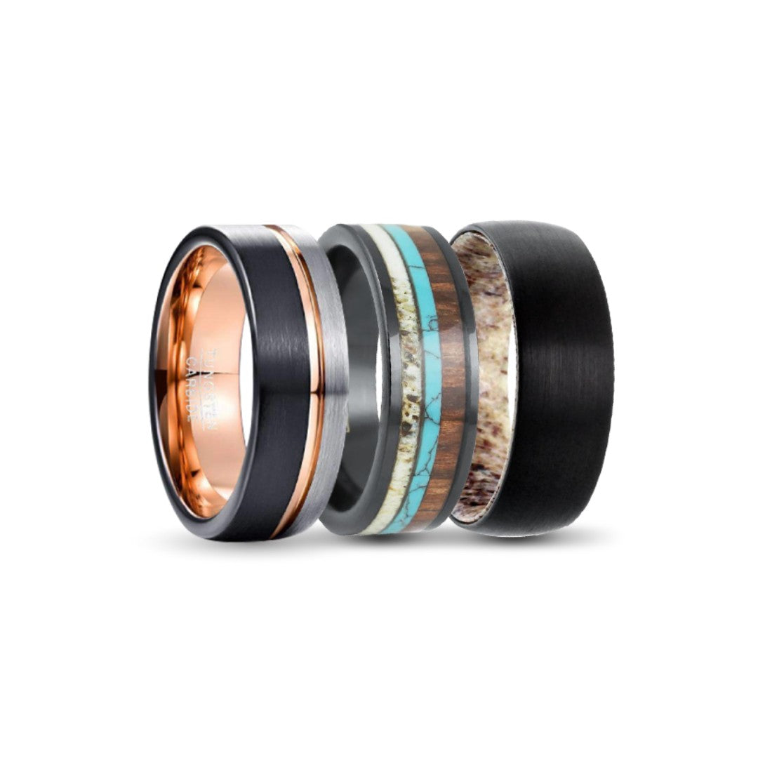 Tungsten Carbide Rings in Rosegold, Black, Wood and Antler