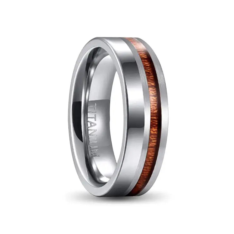 Silver Titanium Ring With Wood and Stainless Steel Inlays