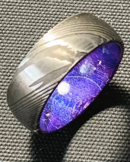 Damascus Steel Ring with Midnight Blue Inner