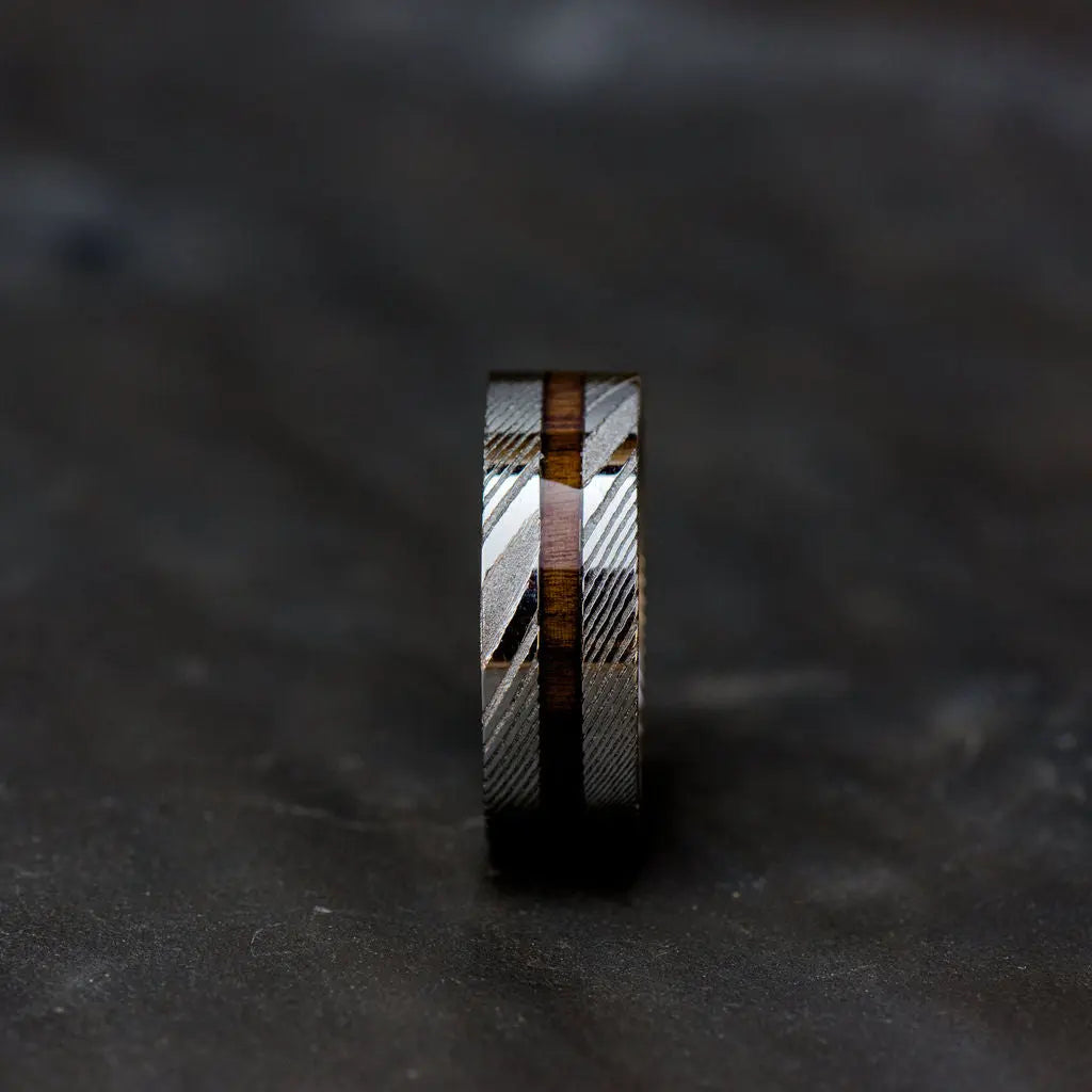 Side Profile View of Damascus Steel Ring with Sandalwood Inlay