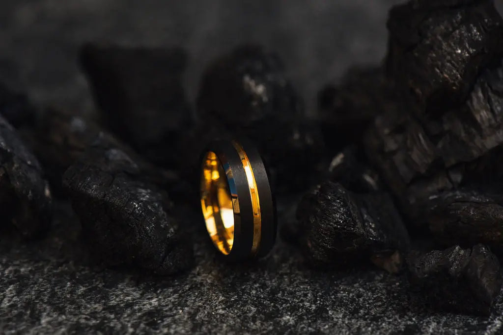 Brushed Black Tungsten Ring With Gold Inner