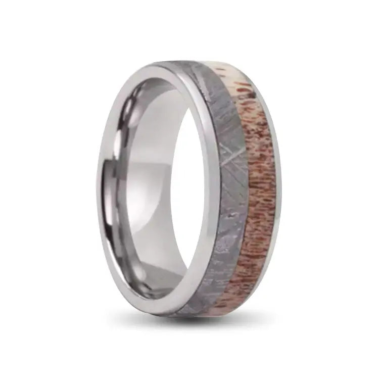 Silver Stainless Steel Ring With Meteorite and Antler Inlays