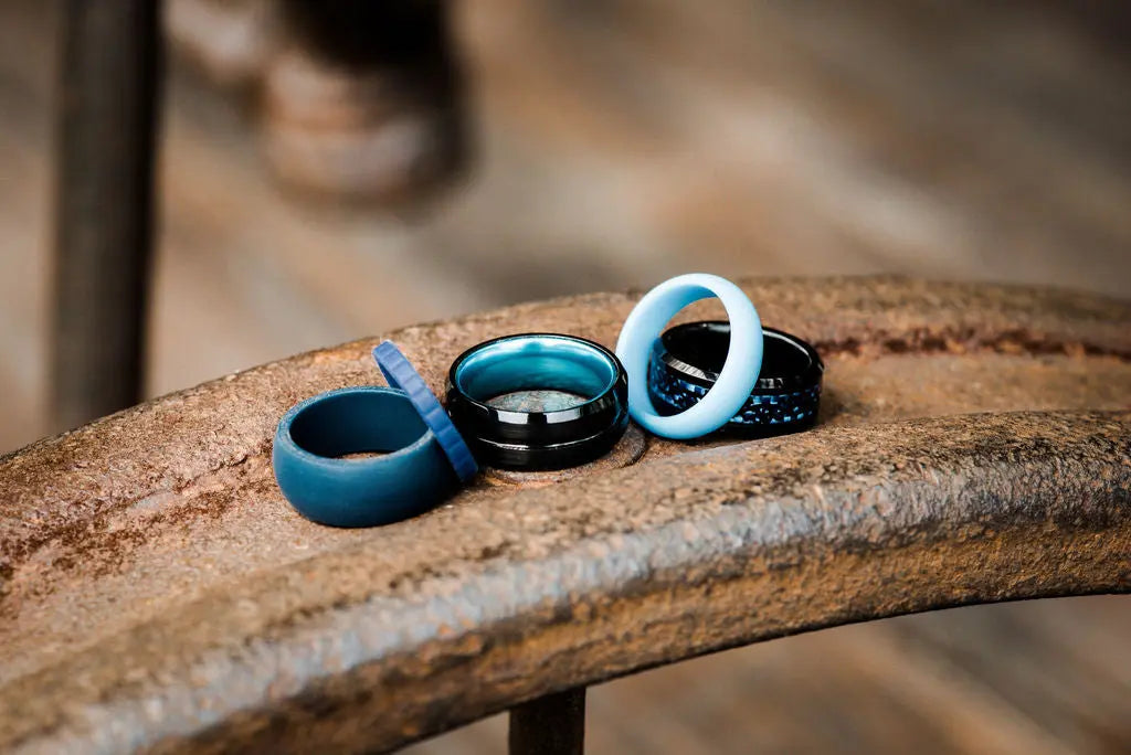 Blue Silicone and Tungsten Carbide Rings