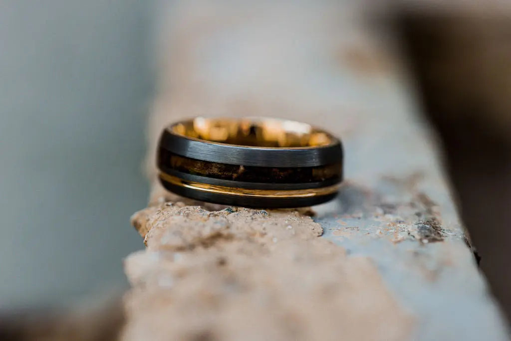 Gold Tungsten Ring with Wood and Gold Strip Inlay
