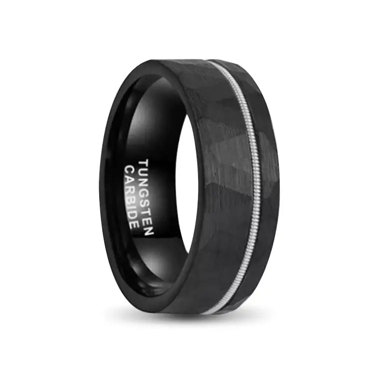 Hammered Black Tungsten Carbide With Guitar String Inlay