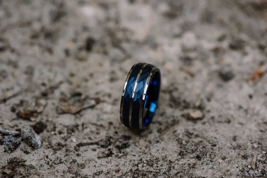 Silver Tungsten Carbide Ring with Blue Inlays