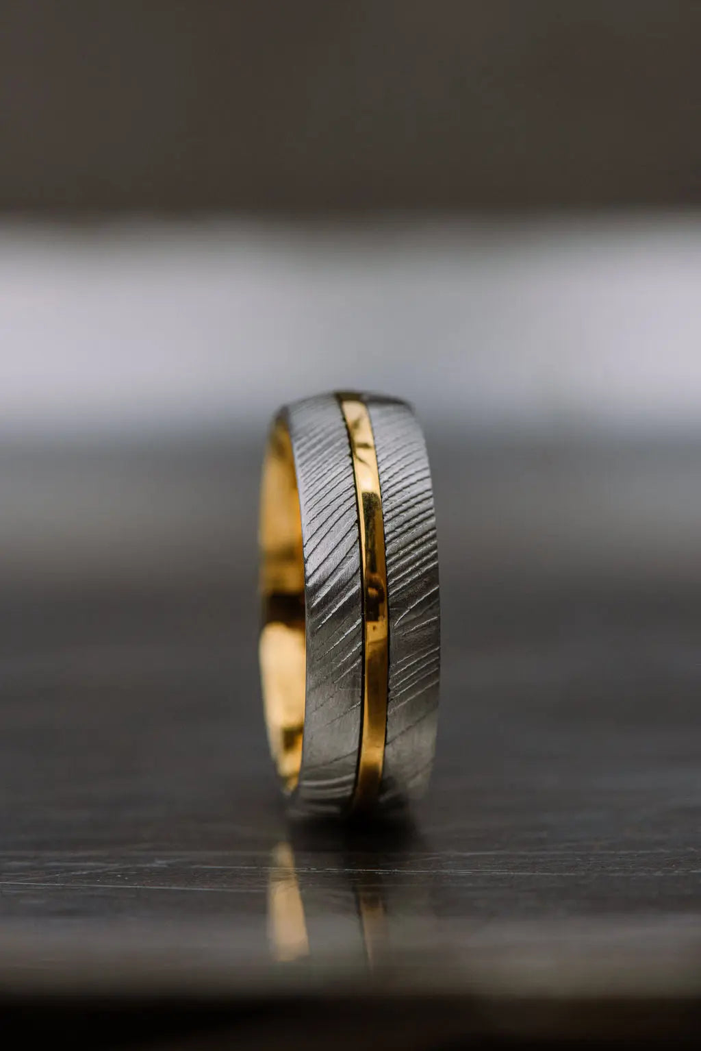 Gold Tungsten Carbide Ring With Silver Damascus Inlays