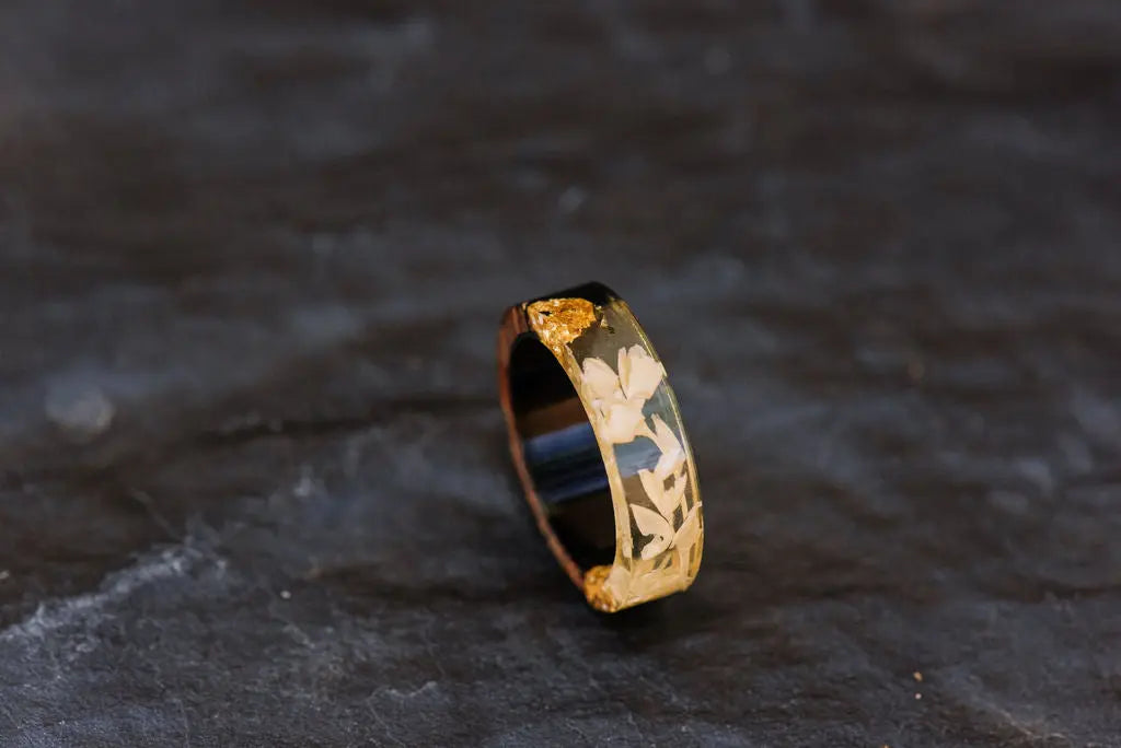 Transparent Resin Ring With Gold Foil and Wood Inlays