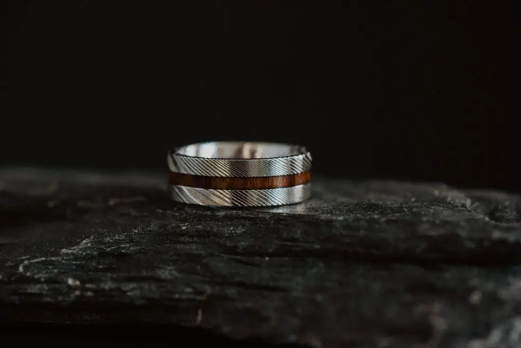 Silver Damascus Steel Ring with Wood Inlay 