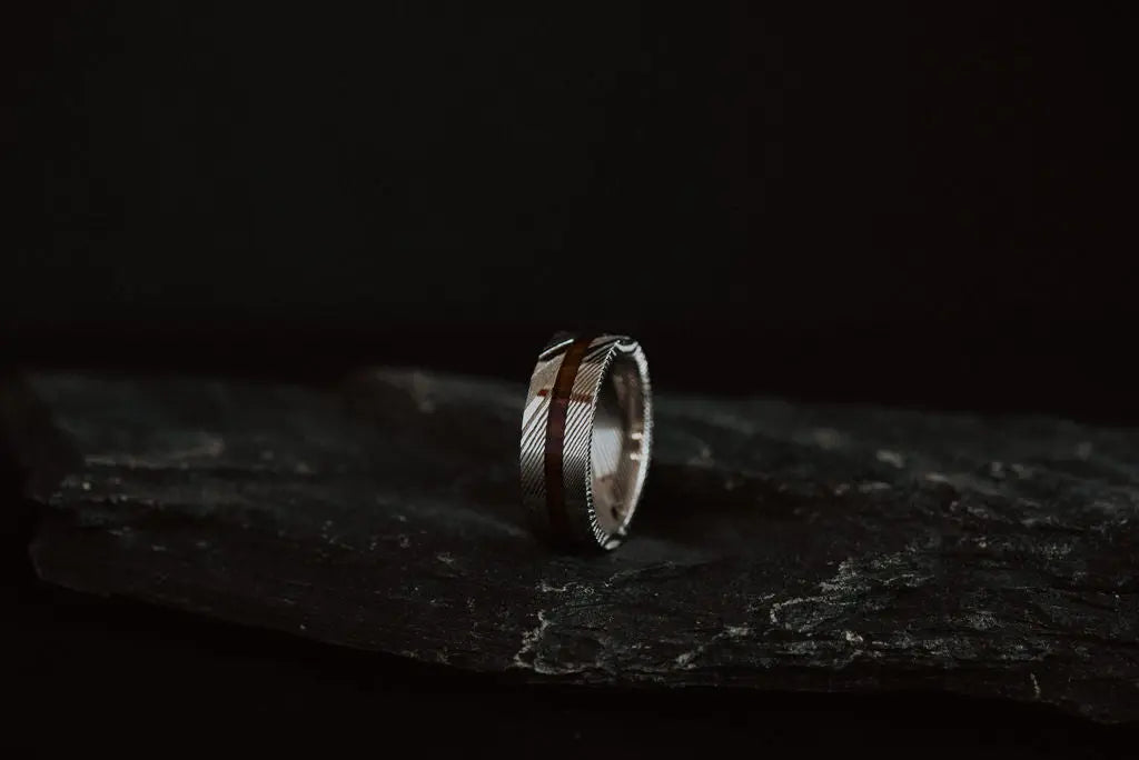 Silver Damascus Steel Ring with Wood Inlay