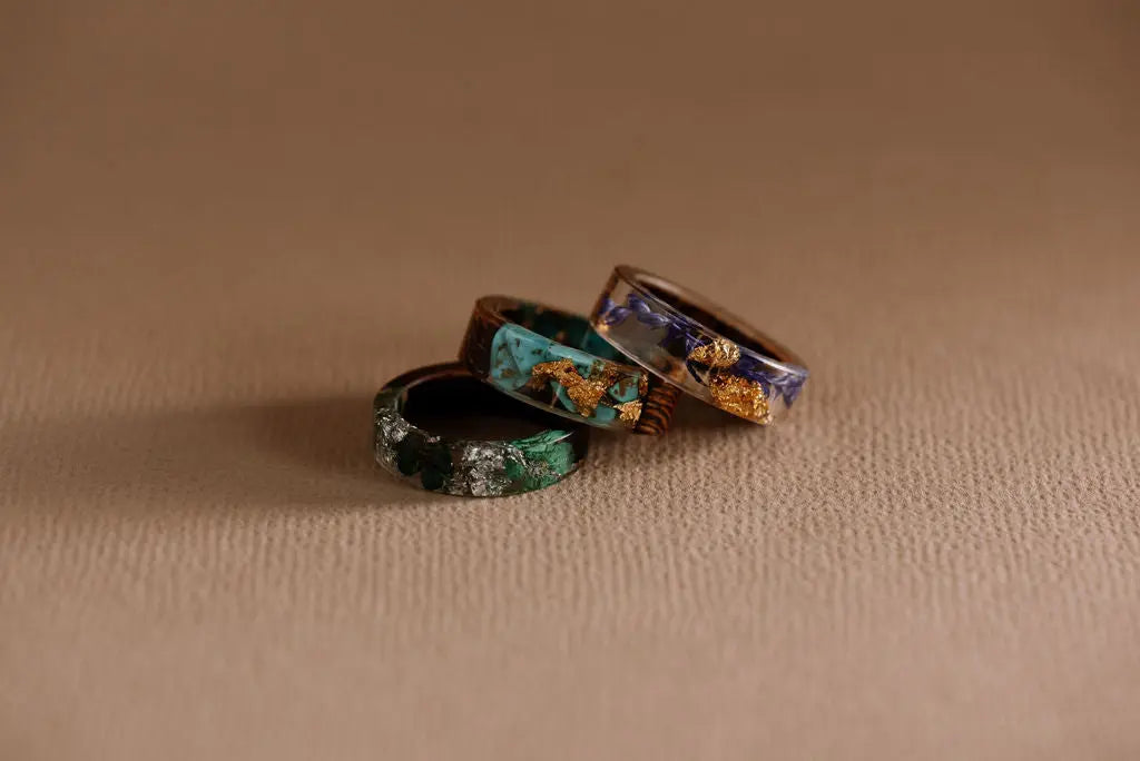 Three Colorful Resin Rings Wit Different Inlays