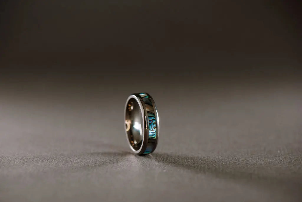 Silver Tungsten Carbide Ring with Natural Abalone Inlay