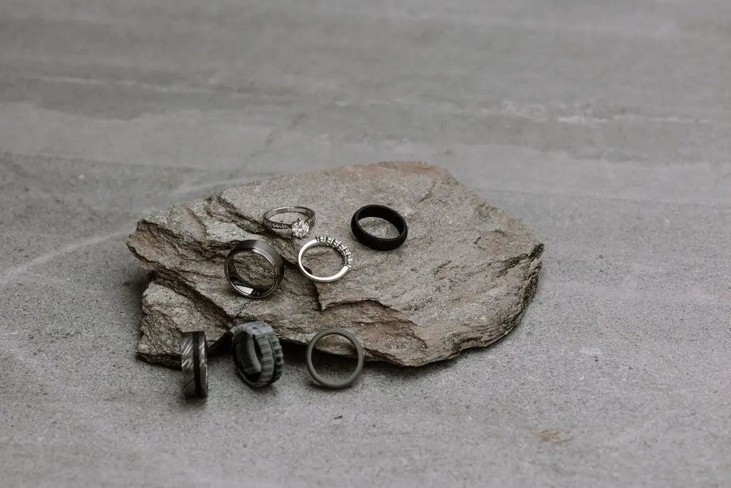 Collection of Rings on Rocky Backdrop