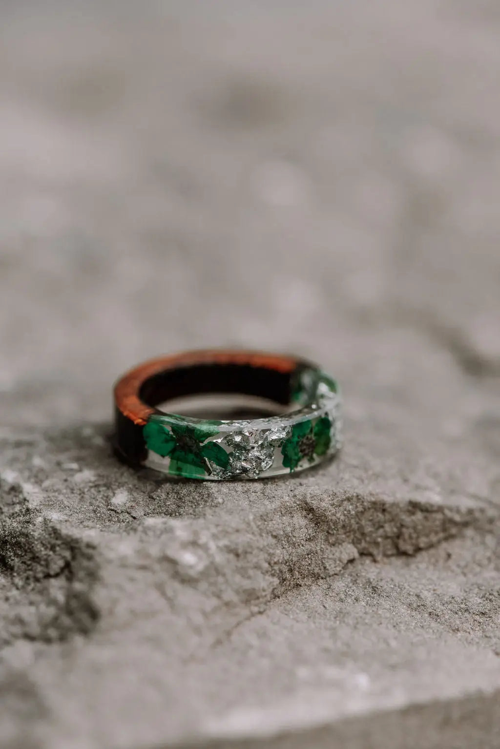 Resin Ring With Half Wood and Half Transparent and Green 