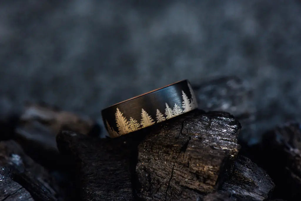 Wood Ring With Tree Pattern Engraving Inlay