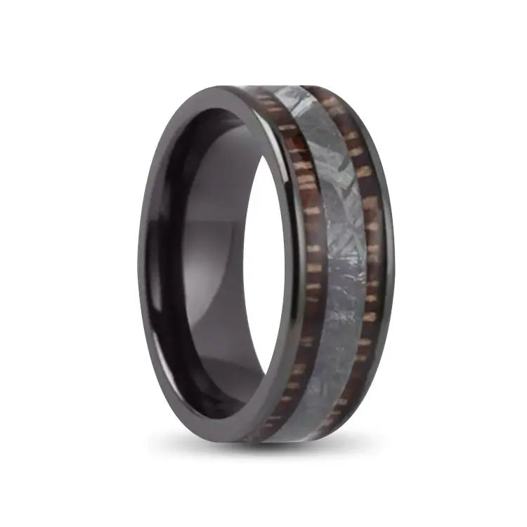 Black Zirconium Ring With Meteorite and Wood Inlays